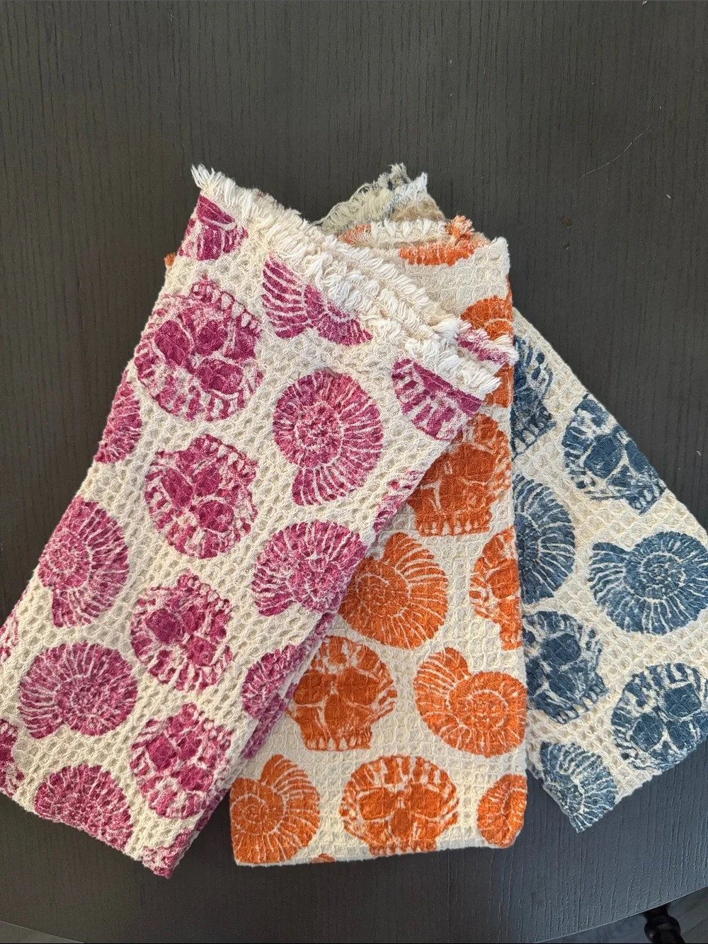 Kitchen Towel Set Waffle-Knit Skull and Sea Shell Design- Cream,Pink/Orange/Blue
